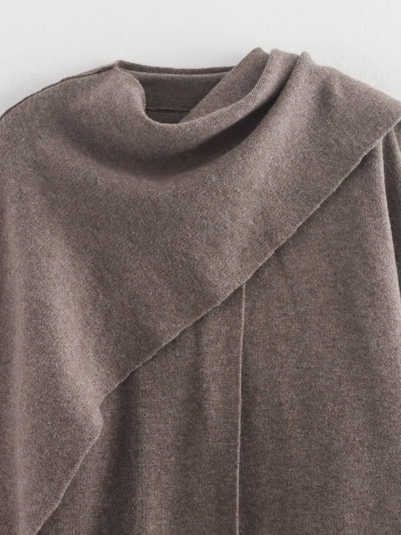 Elegant Asymmetrical Cape Knit Top – Women’s Long-Sleeve Scarf Neck Pullover, Loose Fit Boho Chic (Grey/Brown)_voghion.com