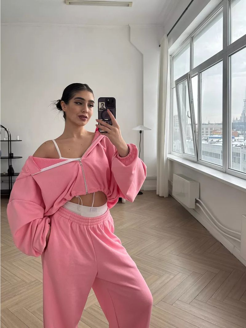 Women's Casual Suit Solid Color Long Sleeved Zipper Cardigan Drawstring Hooded Sweatshirt Sports Elastic Pants Two-piece_voghion.com