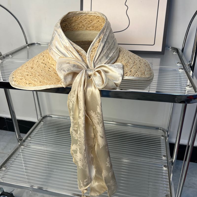 Japanese-style Bow Ribbon Hollow Raffia Women's Spring And Summer Beach Wide-brimmed Sun Hat_voghion.com
