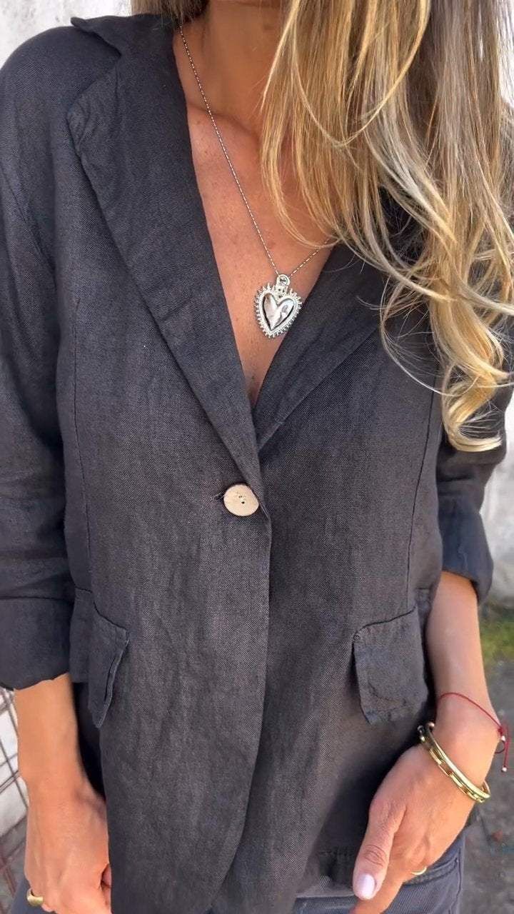 Blazer piccolo in cotone e lino, versatile, taglie forti, tinta unita, con bottoni, a maniche lunghe, primavera e autunno 2025_voghion.com