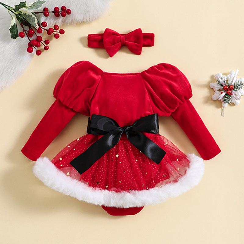 Children's Autumn/Winter Christmas Dress Baby Star Mesh Wrap Skirt + Headband_voghion.com