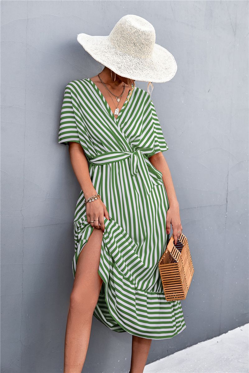 2023 Spring/Summer New Classic Cross V-Neck Strap Stripe Dress_voghion.com