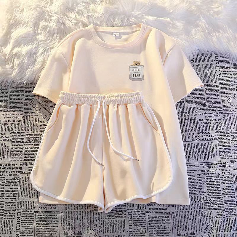 Ensemble 2 pièces en soie de lait de style coréen pour femme : haut à manches courtes avec cordon de serrage et short ample (décontracté, été, sport)_voghion.com