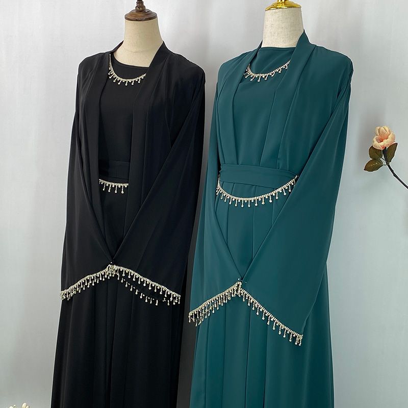 Ramazan Nida Müslüman Seti Çıkarılabilir Zincir Abaya Fas Düğün Kaftan Afrika Siyah Elbise Dubai Uzun Kadın Abiye Kaftan_voghion.com