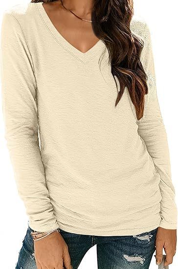 2025 New V-neck Long Sleeved Women's T-shirt, Solid Color Top T-shirt_voghion.com