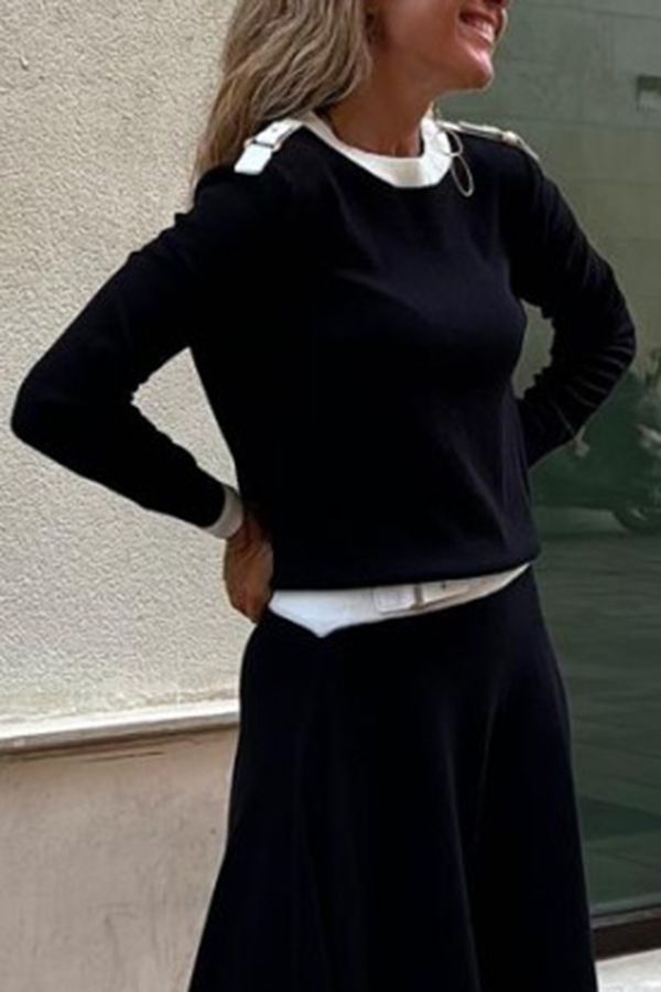 Zweiteiliges Set mit langärmeligem, unregelmäßigem, einfarbigem Rock für Damen_voghion.com