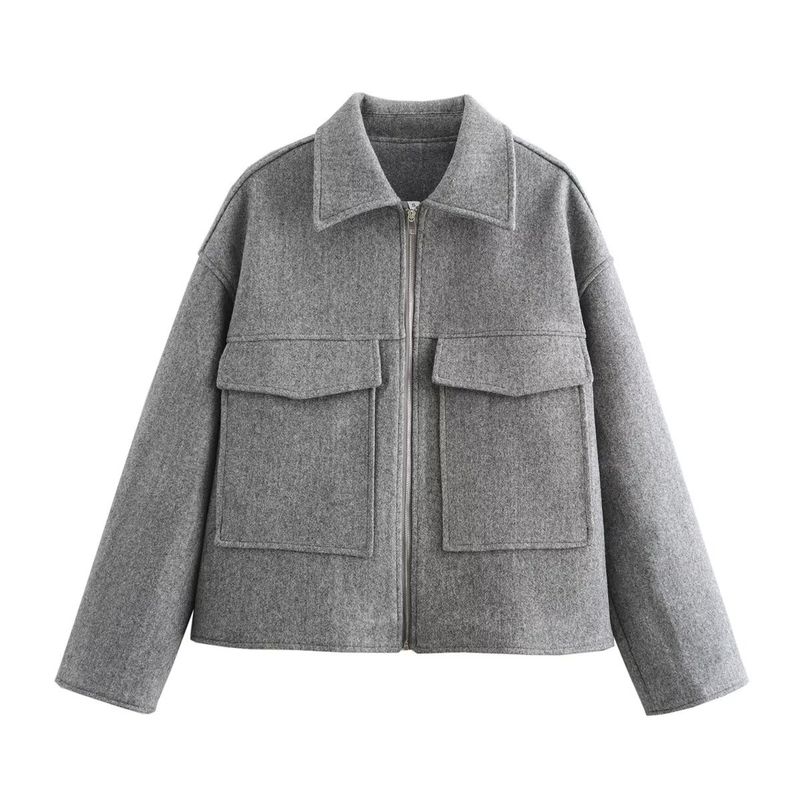 Trendige Jacke aus Wollmischung mit Reißverschluss – Stylischer Tweedmantel für Damen mit Taschen, Streetwear-Chic (Weinrot, Grau, Kaffeebraun, S-L)_voghion.com