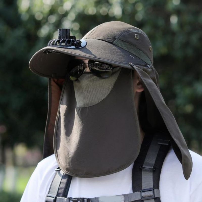 Cappello da pescatore alla moda da uomo, con cappuccio e ventola di raffreddamento, protezione completa, parasole, campeggio, anti-UV, traspirante, a tesa larga, per esterni_voghion.com