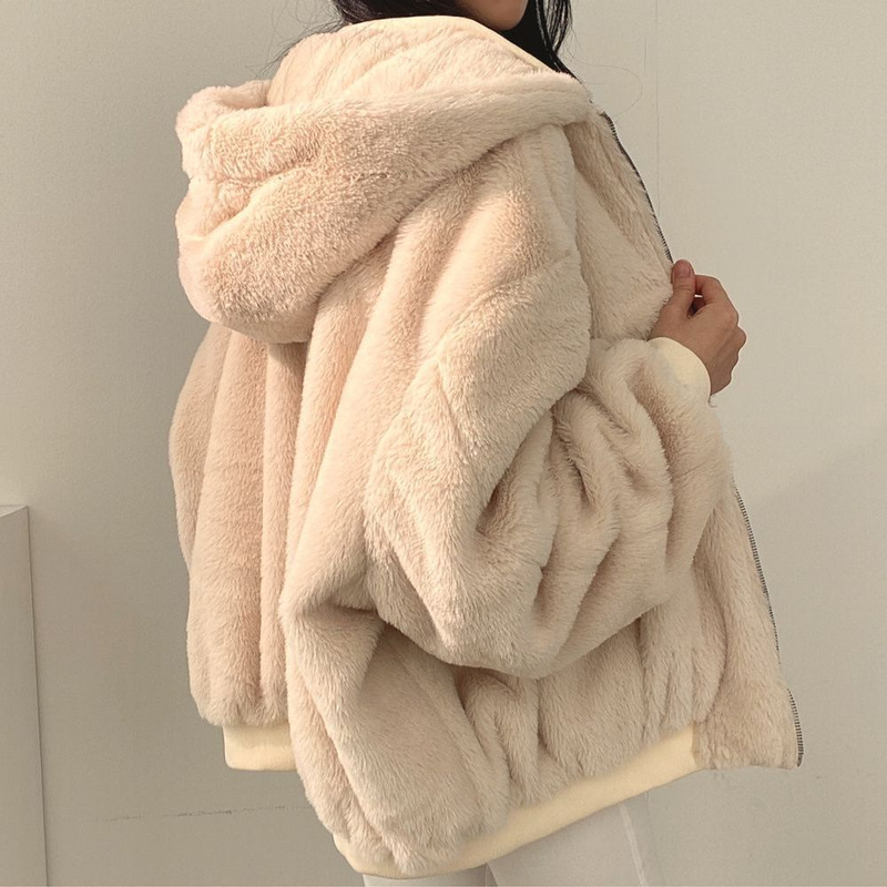 Giacca reversibile Deeptown alla moda coreana Veet in lana d'agnello da donna Haruku con cappuccio oversize tinta unita con zip invernale beige_voghion.com