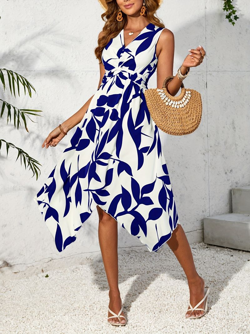 Damenkleed Äermellos Mëttellaangt Kleed Blattdruck Onregelméissegt Kleed Fréijoer a Summer Damen Design Sense Kleed Moud_voghion.com
