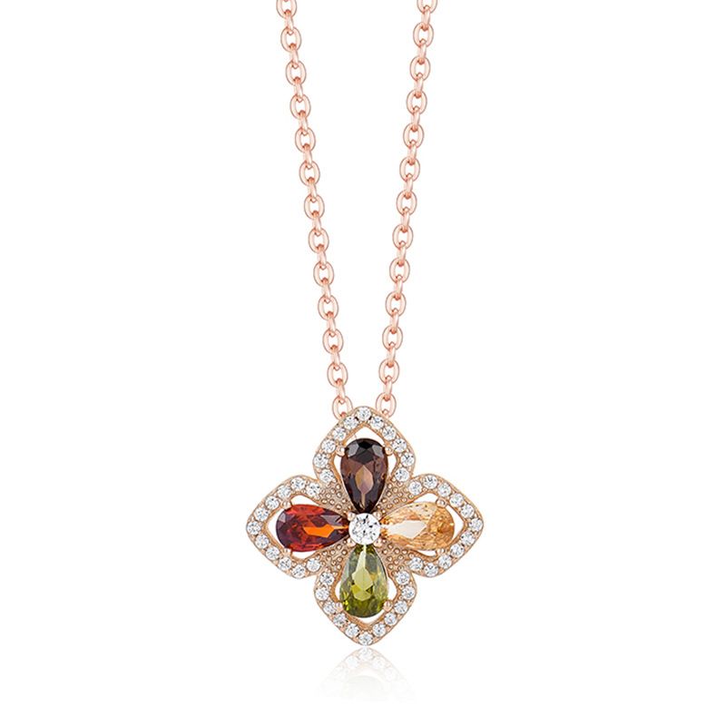 Gioielli con pietre preziose colorate, collana con quadrifoglio intarsiato, anello, orecchini, set da tre pezzi, gioielli in argento sterling S925_voghion.com