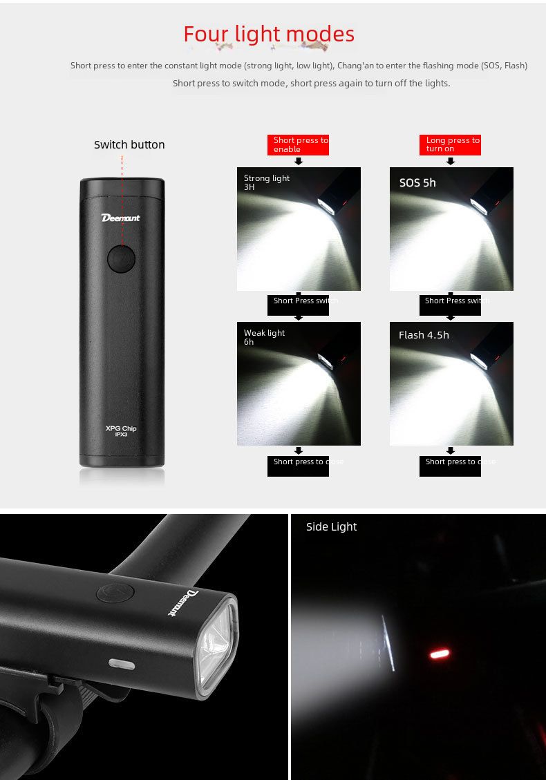 Fietslamp auto koplamp nachtrit USB opladen 400LM verlichting aluminiumlegering behuizing fietslamp achterlicht_voghion.com