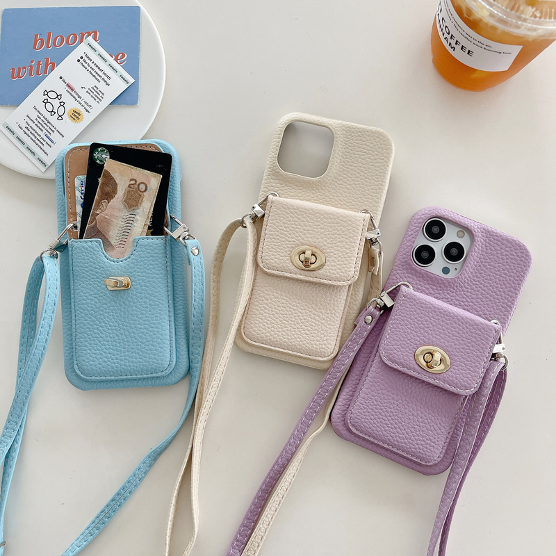 Mobile phone case lock card holder diagonally suitable for Apple 15pro max mobile phone case iPhone14 pebbled pattern protective cover_voghion.com