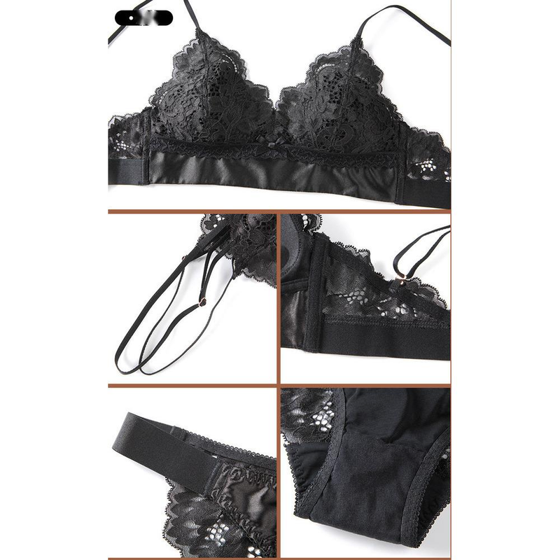 Französisches Damen-BH-Set mit sexy Spitze ohne Stahlring, dünne Baumwolle, Dreieck-Cup, schöner Rücken, große Brust, kleines BH-Set_voghion.com