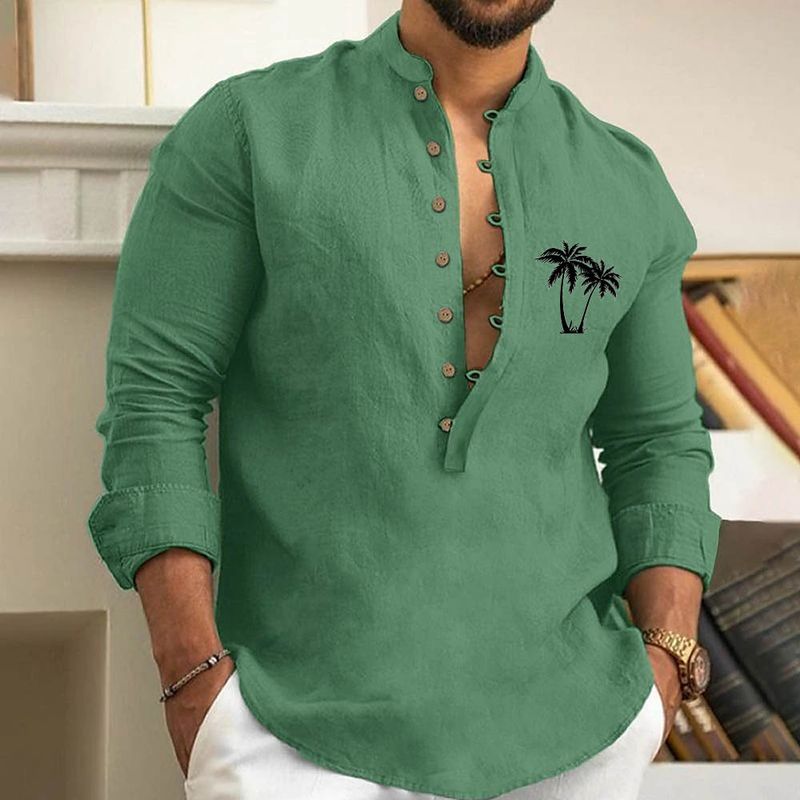 2025 Herren Kunst Bedruckt Neue Mode Frühjahr Und Herbst Langarm Leinen Hemd Taste Bequeme Stoff Street Trend_voghion.com