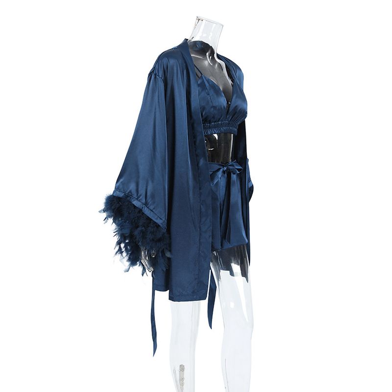 Women's Sleepwears New Underwear Shorts Nightgown Three Piece Set Silk Home Clothes Spring Satin Feather Pajamas_voghion.com