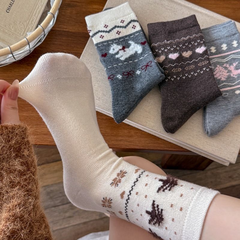 Lillian Herbst Winter New Fair Ile Dreidimensionaler Jacquard Koreanischer Stil Warm Mid-Calf Damen Retro Verdickt Weihnachten_voghion.com