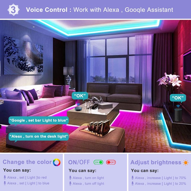 Tira de LED Wifi Tuya de 20 m y 50 pies, 12 V, 5 m, funciona con Alexa, Google Assistant, control por Bluetooth, cinta de luz de neón RGB 2835 para habitación_voghion.com