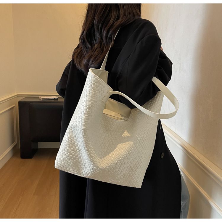Women's Large Capacity Woven Tote Bag For Work & Travel, Stylish Shoulder Bag With Zipper Closure, Black/Beige/Khaki/Brown_voghion.com