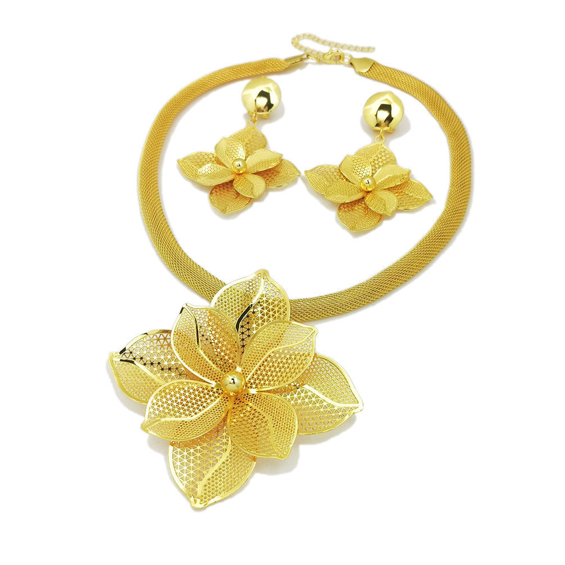 Ντουμπάι Jewelry Γυναικείο Σετ Νυφικό Κρεμαστό Κολιέ και Σκουλαρίκια Μεγάλο Λουλούδι_voghion.com