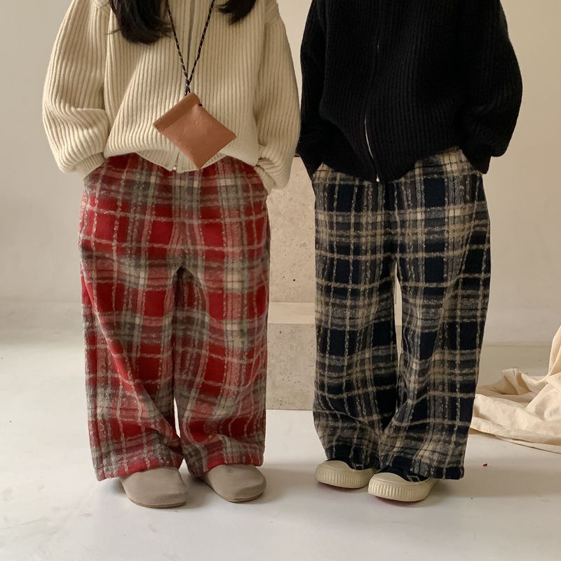 Pantaloni per bambini Pantaloni invernali a gamba dritta scozzese per ragazzi e ragazze Pantaloni scozzesi a gamba larga casual spessi per bambini_voghion.com