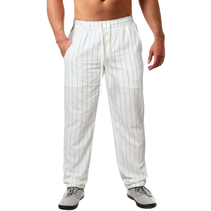 Abbigliamento da uomo, nuovi pantaloni da spiaggia casual in cotone e lino con coulisse elastica in vita, a righe, da uomo_voghion.com