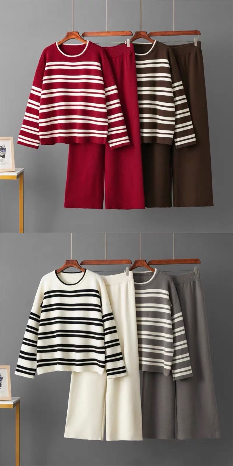 ActiveGo Russland Herbst/Winter Gestreiftes Zweiteiler-Set Lockerer Pullover + Lässige Sporthose mit weitem Bein Damen_voghion.com