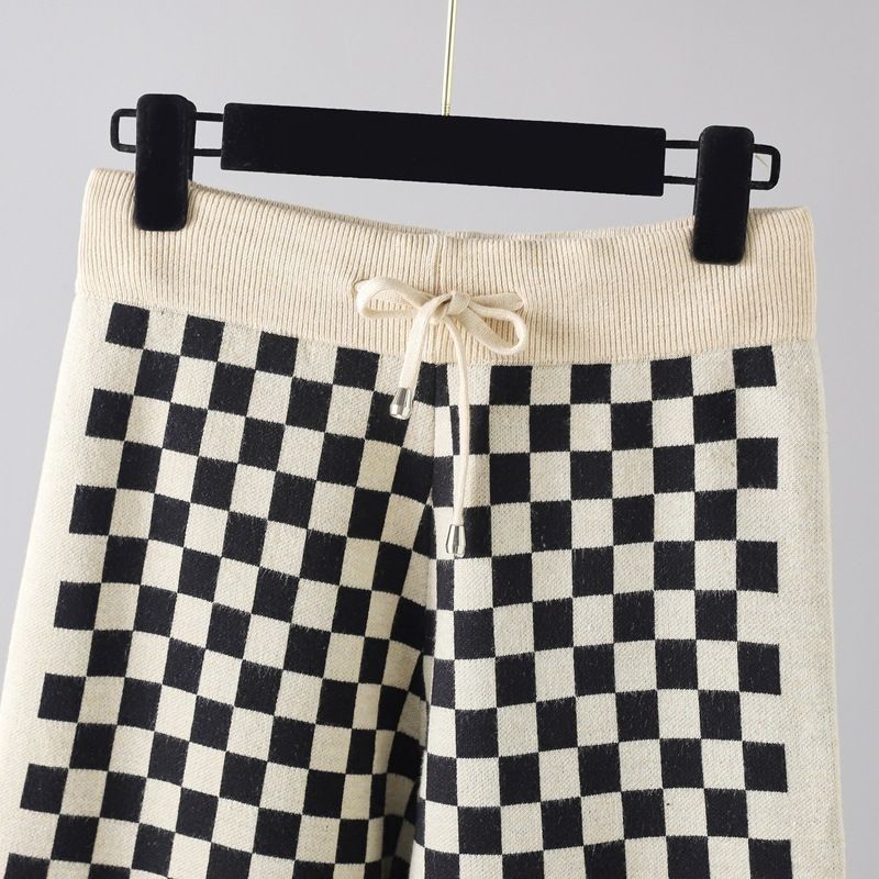 autumn and winter new lace-up knitted pants plaid pants casual all-match wide-leg pants drape trousers women_voghion.com