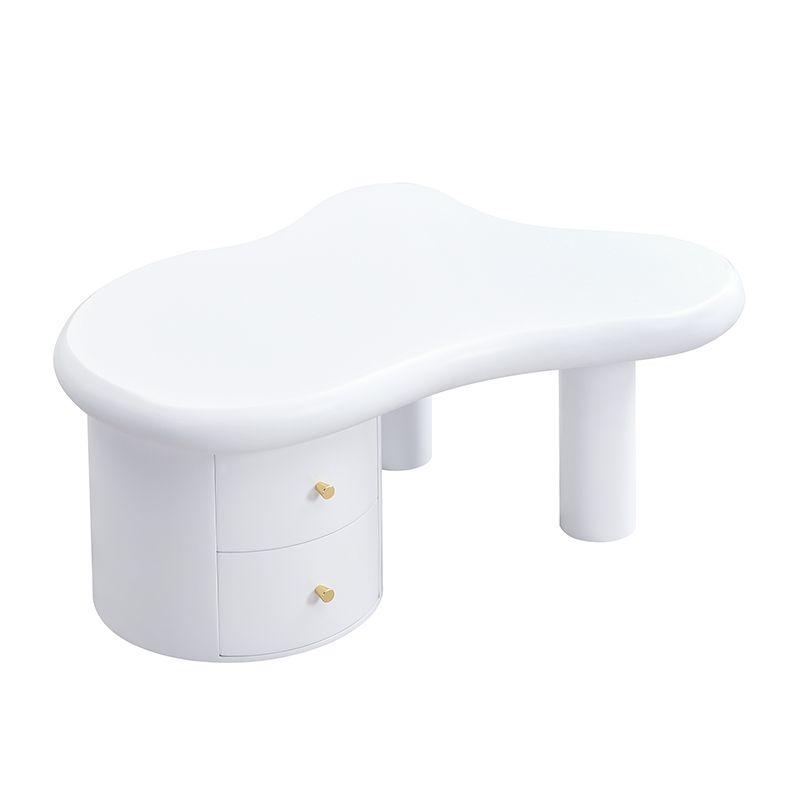Table basse blanche moderne de forme irrégulière avec 2 tiroirs, design compact et élégant, robuste et pratique pour le salon et une utilisation polyvalente._voghion.com