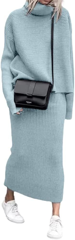 Pull à col roulé, couleur unie, mode décontractée, jupe tricotée, costume deux pièces_voghion.com