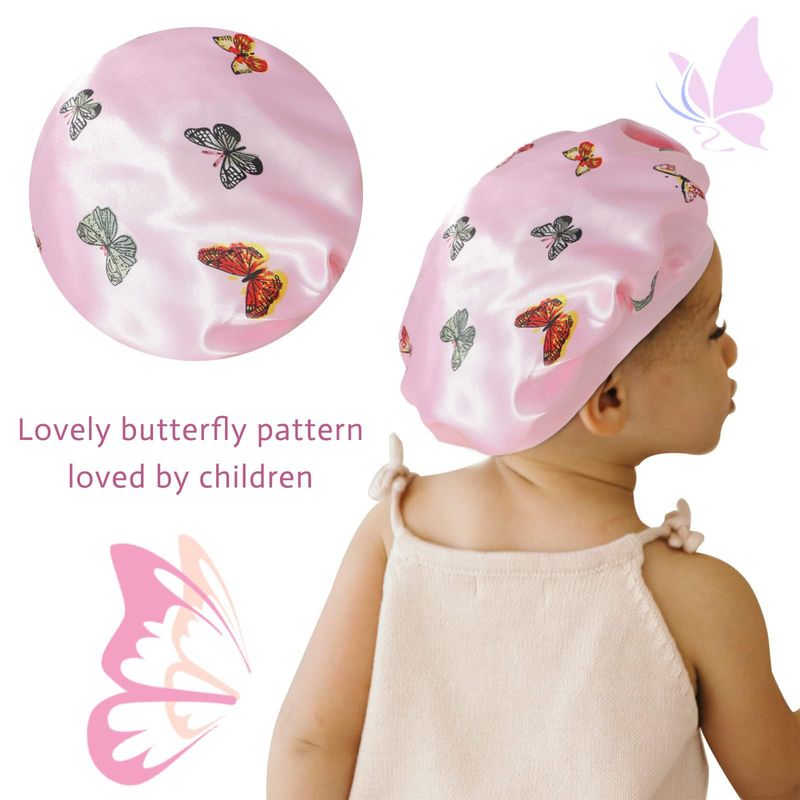 Cuffia da notte per bambini in seta con tesa larga e stampa a farfalla - Fascia elastica, morbida e traspirante per tutte le stagioni, protezione solare e cura dei capelli_voghion.com