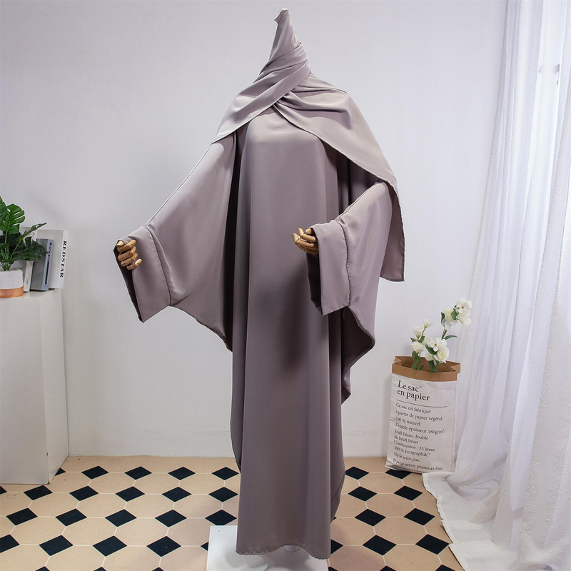 Dammekleeder Einfarweg Arabesch Kleed Fraekleed mat Kappduch Abaya Casual Loose Fliedermausärmel Robe_voghion.com