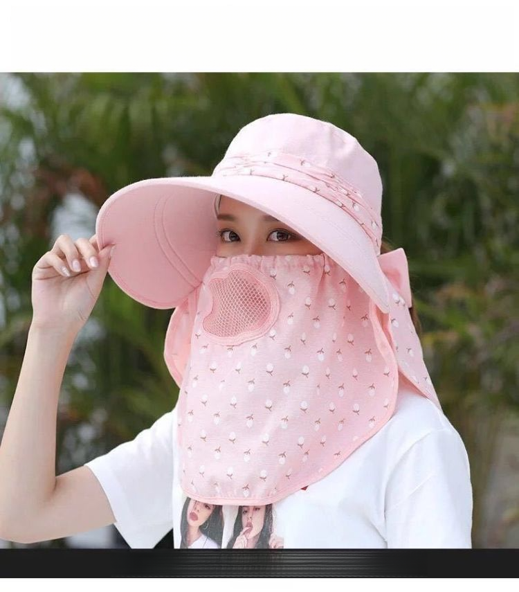 UV Protection Tea Picking Cycling Women's Face Covering Breathable Wide Brim Summer Mask Versatile Cool Sun Hat Travel_voghion.com