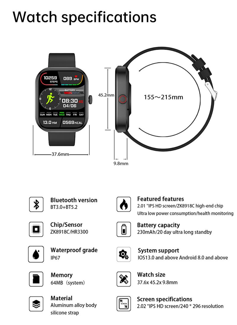 Smartwatch G21 con schermo grande da 2,01", chiamate Bluetooth, monitoraggio della frequenza cardiaca e dell'ossigeno nel sangue, fitness tracker per Android_voghion.com
