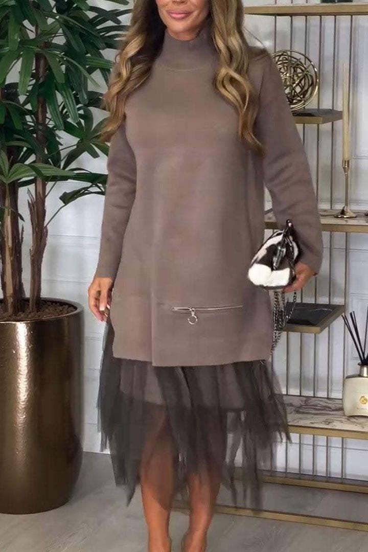 Elegante abito a strati in rete – Abito da principessa con collo alto e maniche lunghe (grigio/blu/nero/marrone/bianco/kaki/marrone chiaro)_voghion.com