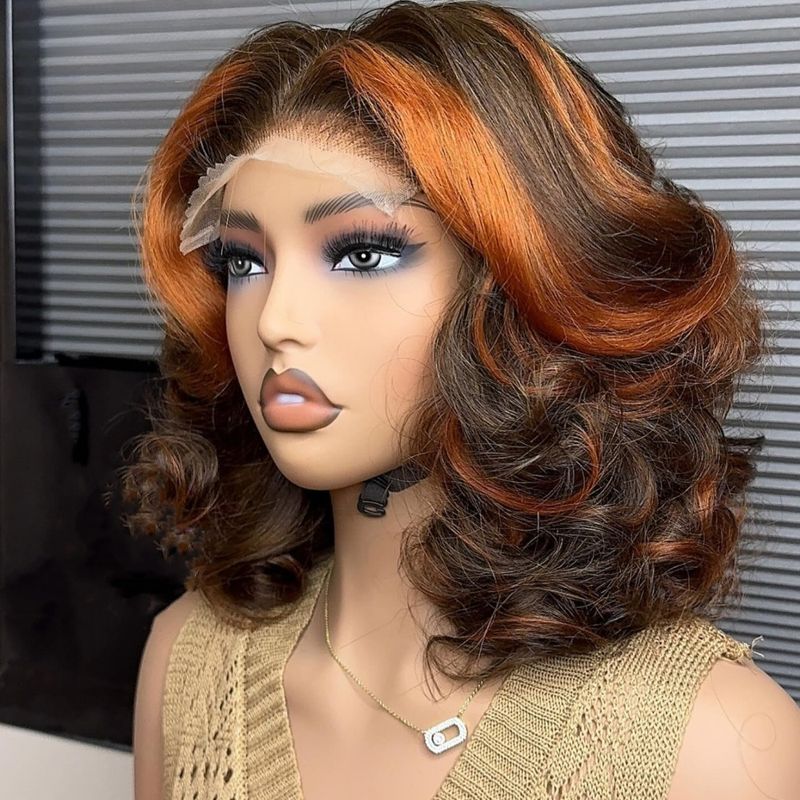 Vorgeschnittene Spitze Ingwer/Braun Highlight Farbe Kurzwellige Echthaarperücke für schwarze Frauen 13x4/5x5 Glueless Wave Perücke vorgezupft_voghion.com