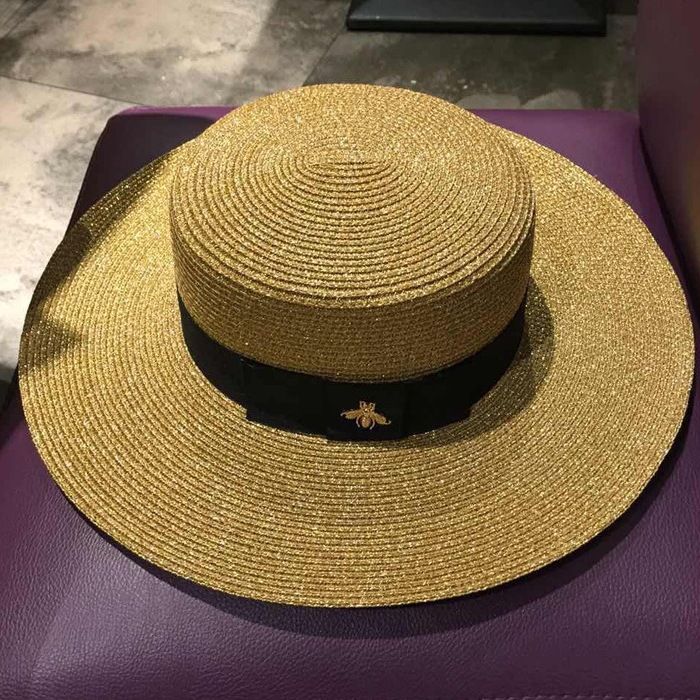 Cappello a tesa larga da viaggio con protezione solare, da donna, modello Little Bee, in paglia intrecciata color oro_voghion.com