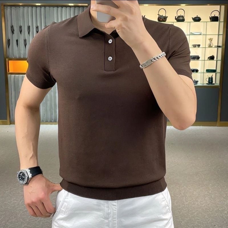 2025d Men's Thin T-Shirt New Knit Shirt Stretch Breathable Solid Color 3-Button POLO Short Half Sleeve Turn-down Collar Mint_voghion.com