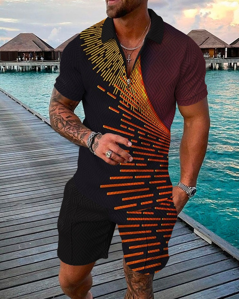 Männerkleeder neie Stil Männermod Casual Kostüm 3D gedréckte Reißverschluss Kuerzärm Poloshirt Shorts 2-Stéck Set_voghion.com