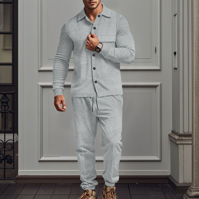 Fréijoer Hierscht 2024 Männer Jacquard Waffle Einfarweg Langärm Hemd a Hosen Set fir Männer_voghion.com