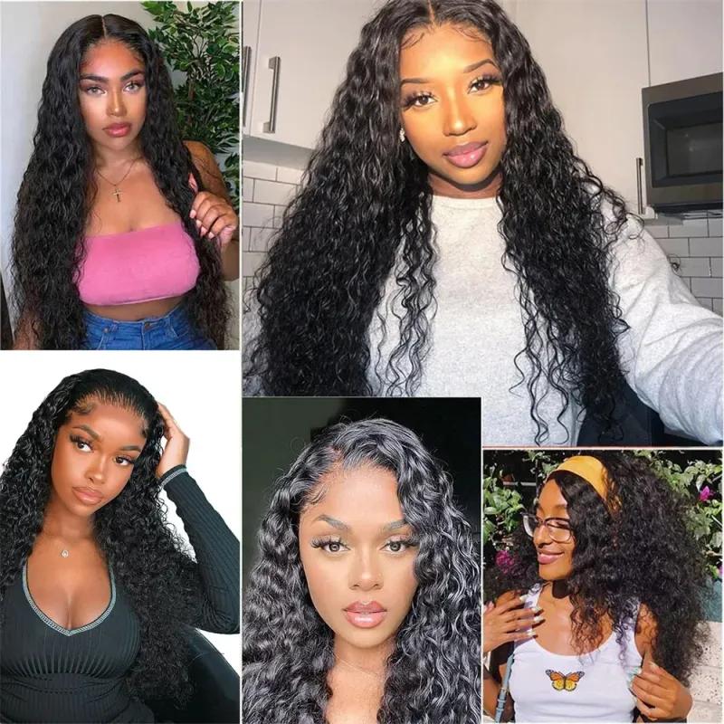 Peluca de cabello humano con ondas al agua, color negro natural, Remy, hecha a máquina, con parte en V y rizos profundos de densidad 180_voghion.com