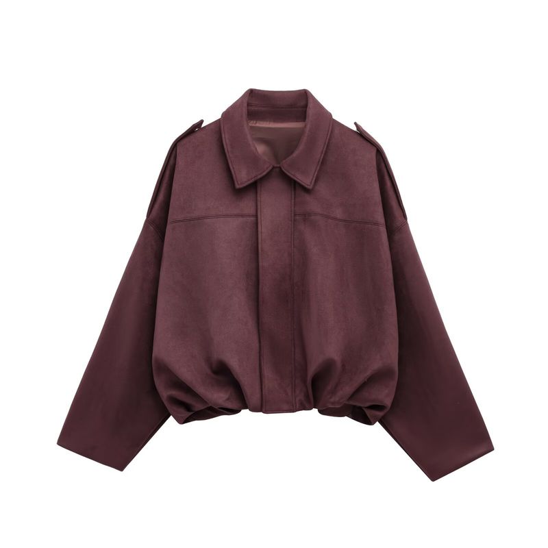 Jaqueta bomber feminina outono inverno com mangas morcego, fecho de zíper, caimento solto, textura de camurça, agasalho casual – P/M/G_voghion.com