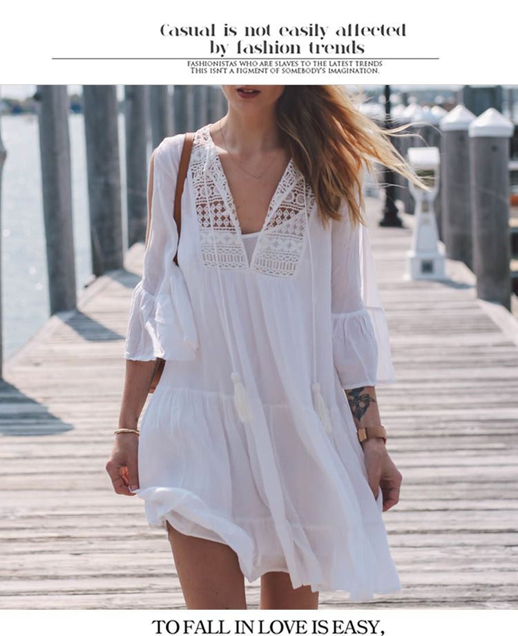 Traje de baño para mujer, pareo playero holgado de algodón puro con flores y crochet, tipo bikini, con protección solar, color blanco, talla única._voghion.com