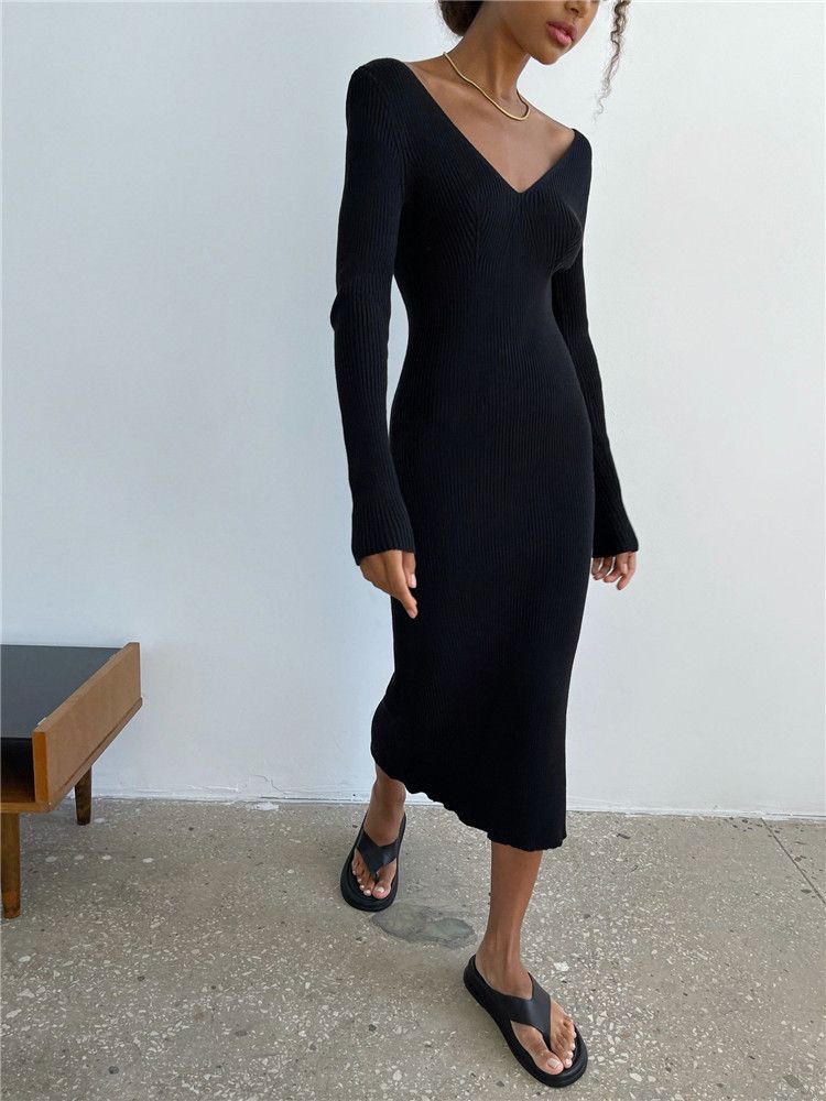 Gonna lunga da donna in maglia a maniche lunghe sexy sottile con scollo a V europeo e americano, autunno e inverno, fondo a coste, alla moda, tutto abbinato_voghion.com