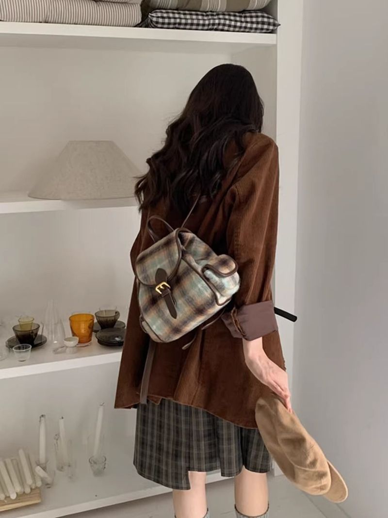 Vintage Woolen Velvet Whi Checkered Autumn Winr College Style Student Backpack For Women Commuting Simple British_voghion.com