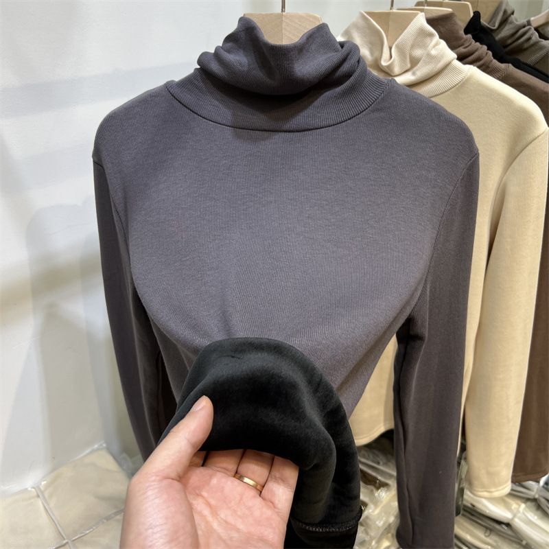 Abbigliamento da donna collo alto più velluto ispessito un pezzo maglietta di velluto per le donne autunno e inverno nuovo caldo intimo camicia inferiore top_voghion.com