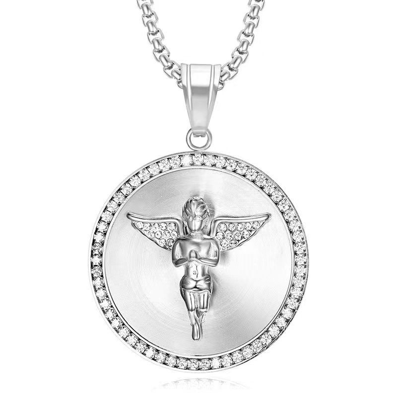 New Hip-Hop Jewelry Titanium Steel Gold-Plated Micro-Paved Zircon Angel Pendant Necklace_voghion.com