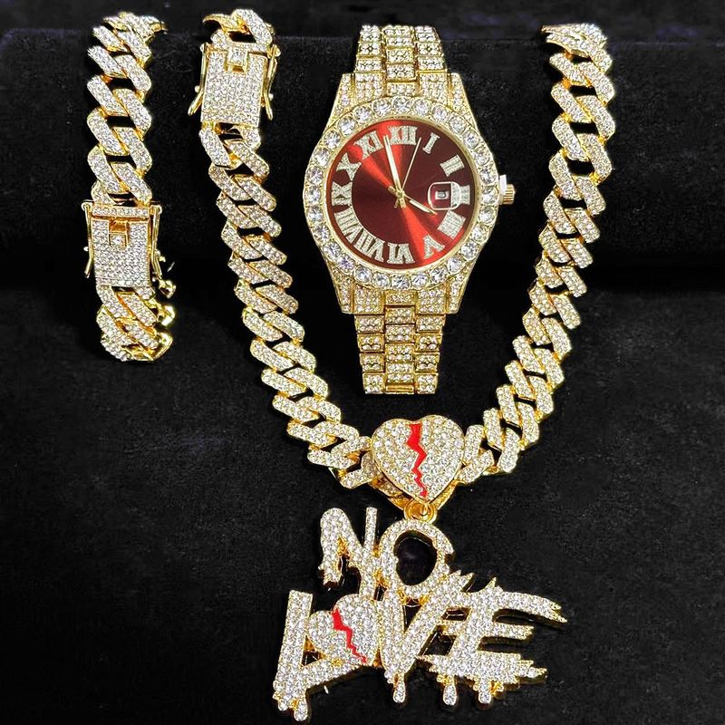 Ensemble montre hip-hop pour homme avec bracelet en acier inoxydable, chaîne à maillons cubains et pendentif en diamant (4 pièces) - Mouvement à quartz, tendance et élégant_voghion.com