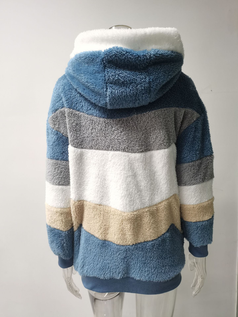 Giacca ampia da donna con cappuccio, tasca con cerniera patchwork in caldo autunno e inverno_voghion.com
