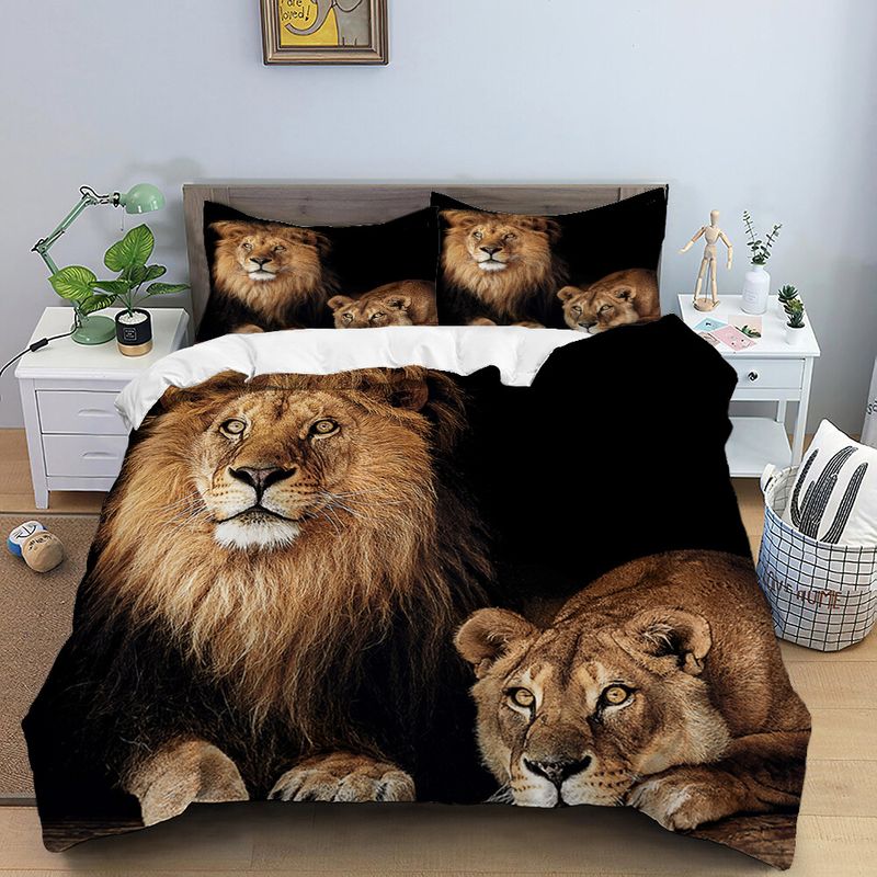 Set mit Löwen-Print, amerikanische Löwen-Bettwäsche, dreiteiliges Set mit Wildtieren_voghion.com